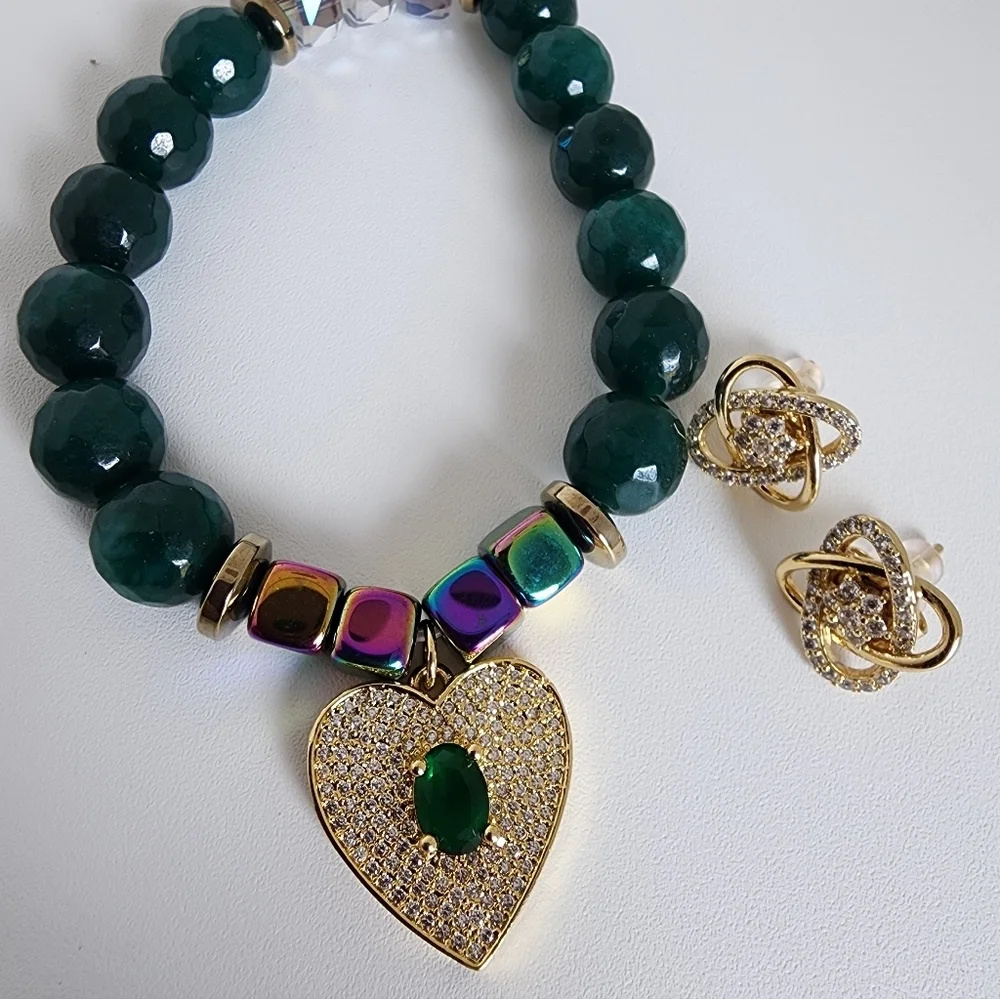 Agate Beaded Bracelet Green Gold Heart Charm CZ + Matching Earrings Jewelry Set